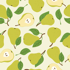 Seamless green pears pattern. Vector fruit background.