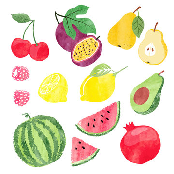 Colorful set of watercolor fruits. Vector illustration.