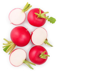 fresh whole and sliced radishes isolated on white background with copy space for your text. Top view