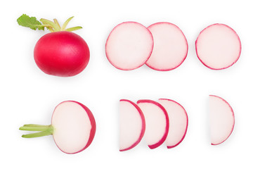 Set of fresh whole and sliced radish isolated on white background. Top view