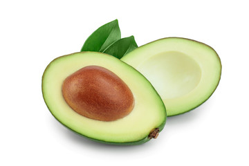 half avocado with leaves isolated on white background close-up