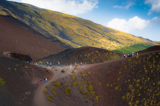 Panoramic view of the lava hills of the Etna Volcano, Sicily, Italy