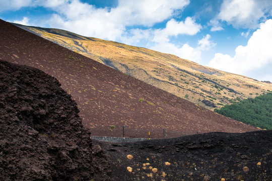 Panoramic view of the lava hills of the Etna Volcano, Sicily, Italy
