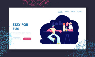 Young Man Sitting in Pub Ordering Alcohol Drink. Barista Pour Beer to Glass. Nightlife Sparetime, Leisure in Night Bar, Weekend Website Landing Page, Web Page. Cartoon Flat Vector Illustration, Banner