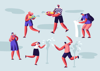Happy People Splashing and Playing with Water in Hot Summer Time Season Weather. Male and Female Characters Drinking Aqua, Shooting with Toy Water Guns, Washing Face. Cartoon Flat Vector Illustration