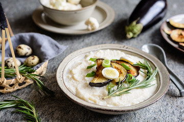Cauliflower puree with baked eggplant and quail eggs
