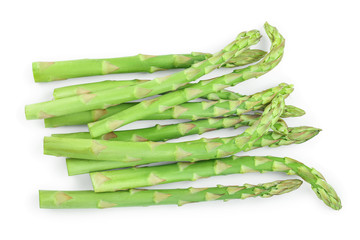 Fresh sprouts of asparagus isolated on white background. Top view. Flat lay