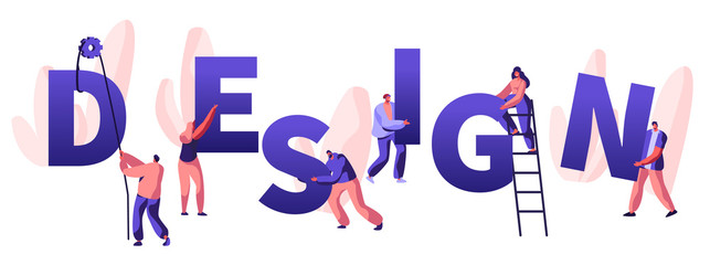 Design Concept. Teamworking People with Crane and Ladder Working Together, Male and Female Characters Designers Create New Project. Poster, Banner, Flyer, Brochure. Cartoon Flat Vector Illustration