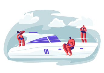 Friends Company Relaxing on Luxury Yacht at Ocean