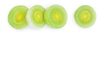 sliced Leek vegetable isolated on white background with copy space for your text. Top view. Flat lay
