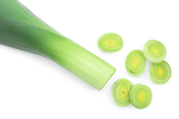 Leek vegetable closeup isolated on white background. Top view. Flat lay