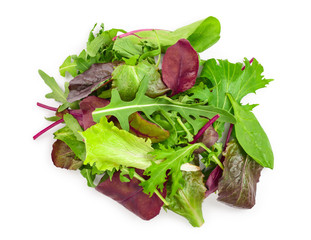 Mix of different salads isolated on white background. Top view. Flat lay