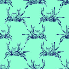 Marine graphic seamless pattern with animal. Vector illustration. The crab consist of lines. Digital design  for wallpaper, packaging, textile, printing,  web.