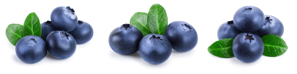 fresh blueberry with leaves isolated on white background closeup. Set or collection