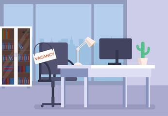 Office workplace with empty armchair and vacancy sign text announcement. Head hunting recruitment concept. Vector flat graphic design cartoon illustration