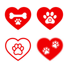 set of veterinary emblems in red heart on white background