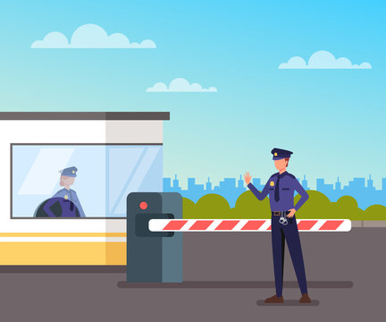 Security guard protect toll booth. Vector flat graphic design cartoon illustration
