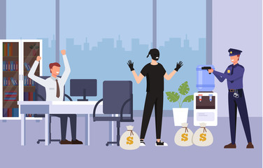 Thief bandit burglar man character steal money office and threaten weapons gun to bank office worker staff and police officer catch him. Crime scene concept. Vector flat graphic design cartoon