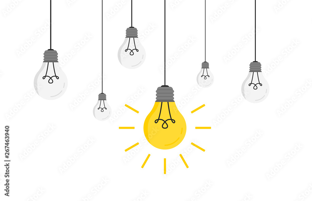 Poster hanging light bulbs with glowing one vector illustration for your design. trendy flat vector light b