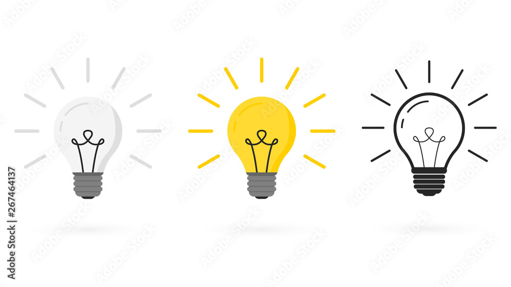 Poster Light bulb in different styles: vector, linear and flat. Light Bulb line icon.