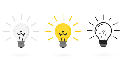 Light bulb in different styles: vector, linear and flat. Light Bulb line icon.