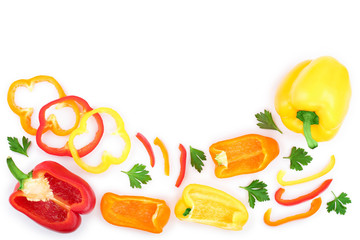 yellow orange and red sweet bell pepper isolated on white background with copy space for your text. Top view. Flat lay