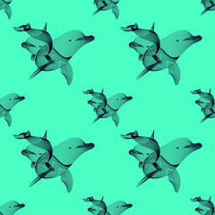 Marine graphic seamless pattern with animal. Vector illustration. The dolphin consist of lines. Digital design  for wallpaper, packaging, textile, printing,  web.