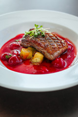 fried duck breast with berry sauce and vegetables (main dish). food background. top
