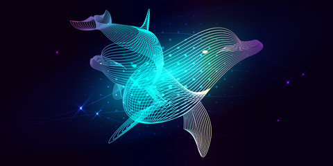 Blue dolphins composed. Marine animal digital concept. illustration of a starry sea or Comos. The dolphin consists of lines. Wireframe light connection structure