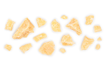 Parmesan cheese pieces isolated on white background with copy space for your text. Closeup. Top view. Flat lay