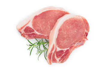 sliced raw pork meat with rosemary isolated on white background. Top view. Flat lay