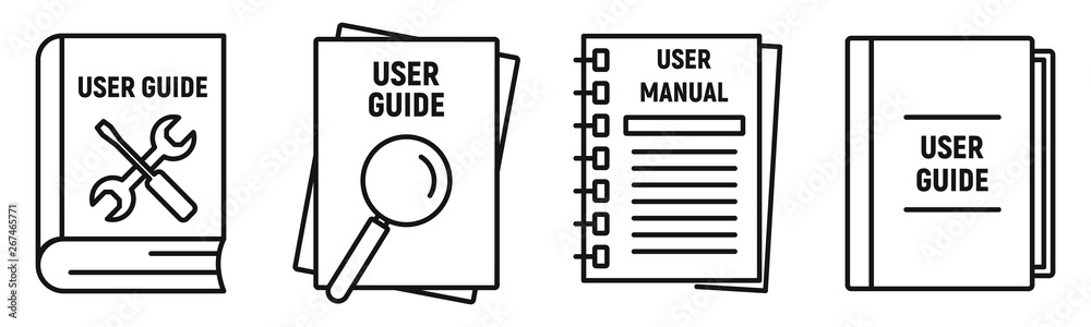 Poster user guide book icons set. outline set of user guide book vector icons for web design isolated on wh
