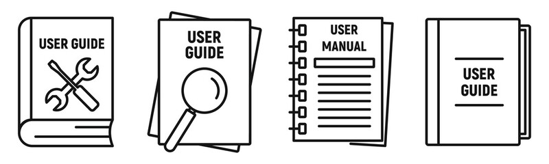 User guide book icons set. Outline set of user guide book vector icons for web design isolated on white background - obrazy, fototapety, plakaty