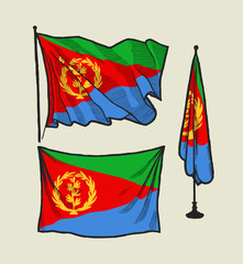 Flag of Eritrea on the wind and on the wall - vector drawing illustration set