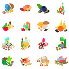 Obraz premium Foodstuff icons set. Isometric set of 16 foodstuff vector icons for web isolated on white background