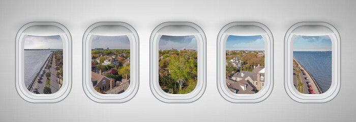 Charleston at sunset as seen through five aircraft windows. Holiday and travel concept
