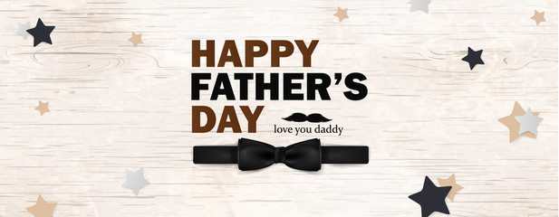 Happy Fathers Day template greeting card. Fathers day Banner, flyer, invitation, congratulation or poster design. Father's day concept. Design with black bow tie, glasses on wooden background.