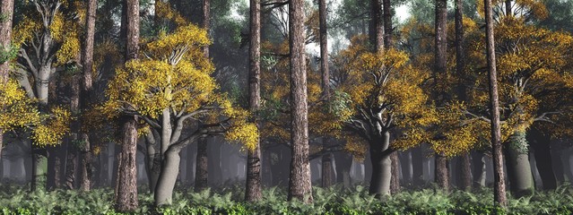 Fairy forest, beautiful trees, panorama of the morning forest, 3d rendering