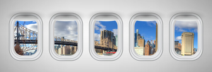 Queensboro Bridge in New York City as seen through five aircraft windows. Holiday and travel concept