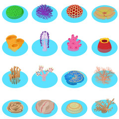 Water life icons set. Isometric set of 16 water life vector icons for web isolated on white background
