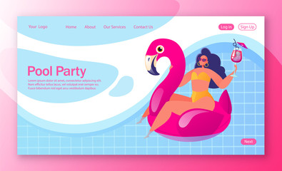 LanConcept of landing page on summer holiday, vacation theme. Vector illustration for mobile website development and web page design. Нарpу woman character resting in flamingo swimming circle.