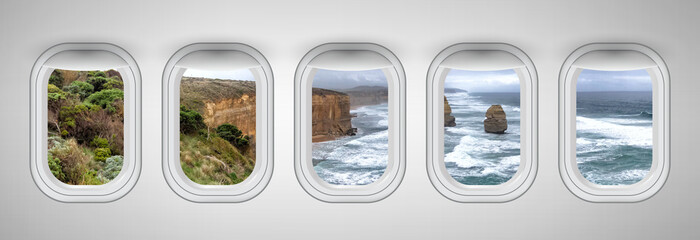 Twelve Apostles coastline as seen through five aircraft windows. Holiday and travel concept