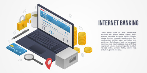 Internet banking concept banner. Flat illustration of internet banking vector concept banner for web design