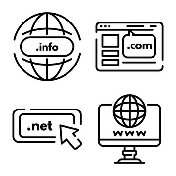 Domain icons set. Outline set of domain vector icons for web design isolated on white background