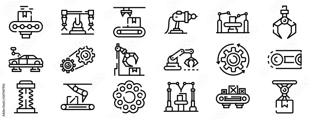 Poster assembly line icons set. outline set of assembly line vector icons for web design isolated on white 