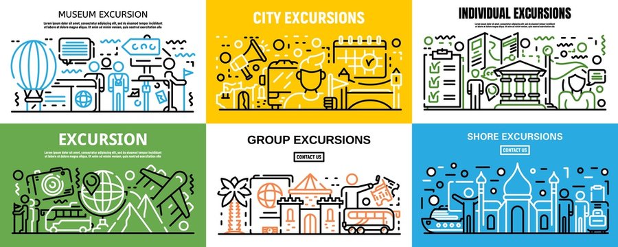 Excursion banner set. Outline set of excursion vector banner for web design