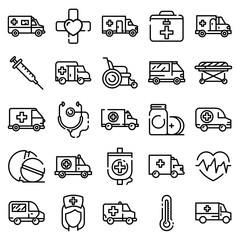 Ambulance icons set. Outline set of ambulance vector icons for web design isolated on white background © ylivdesign