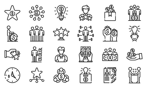 Crowdfunding icons set. Outline set of crowdfunding vector icons for web design isolated on white background