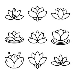 Lotus icons set. Outline set of lotus vector icons for web design isolated on white background