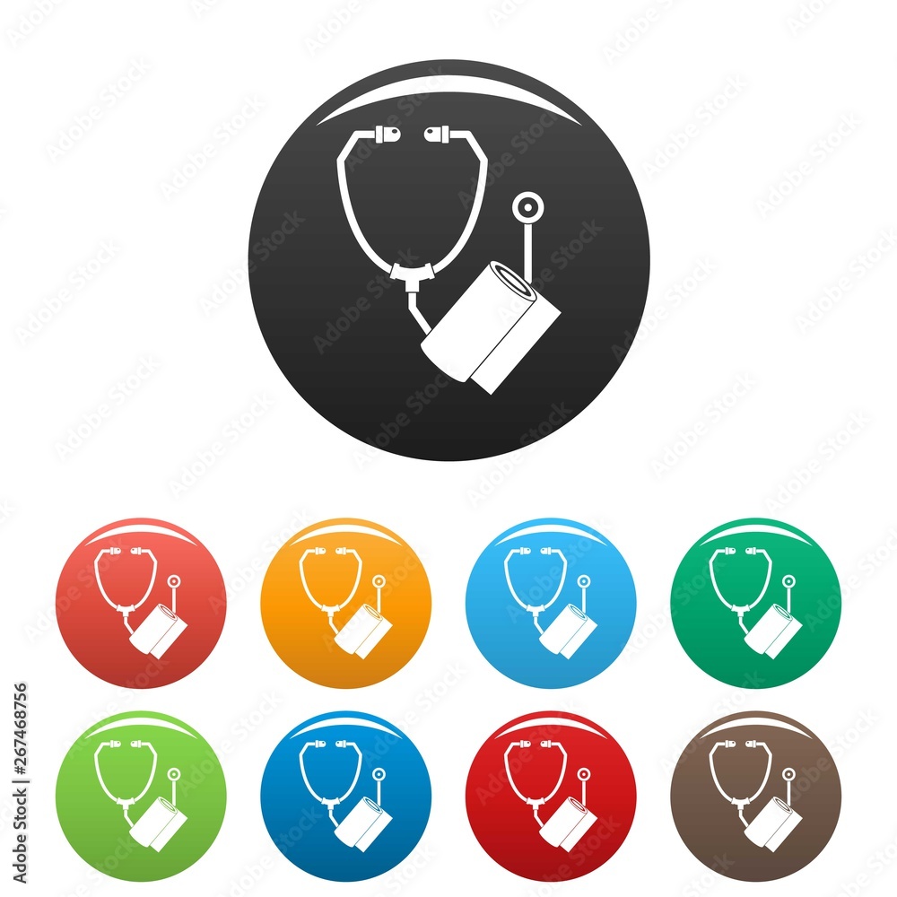 Sticker Stethoscope, bandage icons set 9 color vector isolated on white for any design